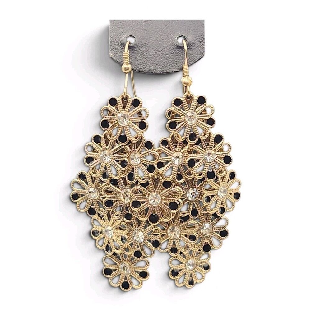 Filigree Gold Tone Earrings Layered Daisy Black Clear Cut Out Drop Dangle S
